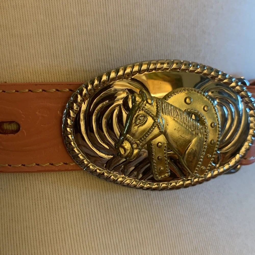 NOCONA PINK TOOLED LEATHER COWGIRL BELT WITH HORSE AND HORSESHOE BUCKLE